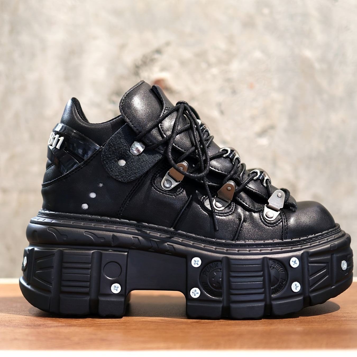 Black Women's Mid-Top Sneakers Waterproof Platform Lace-Up Punk Style