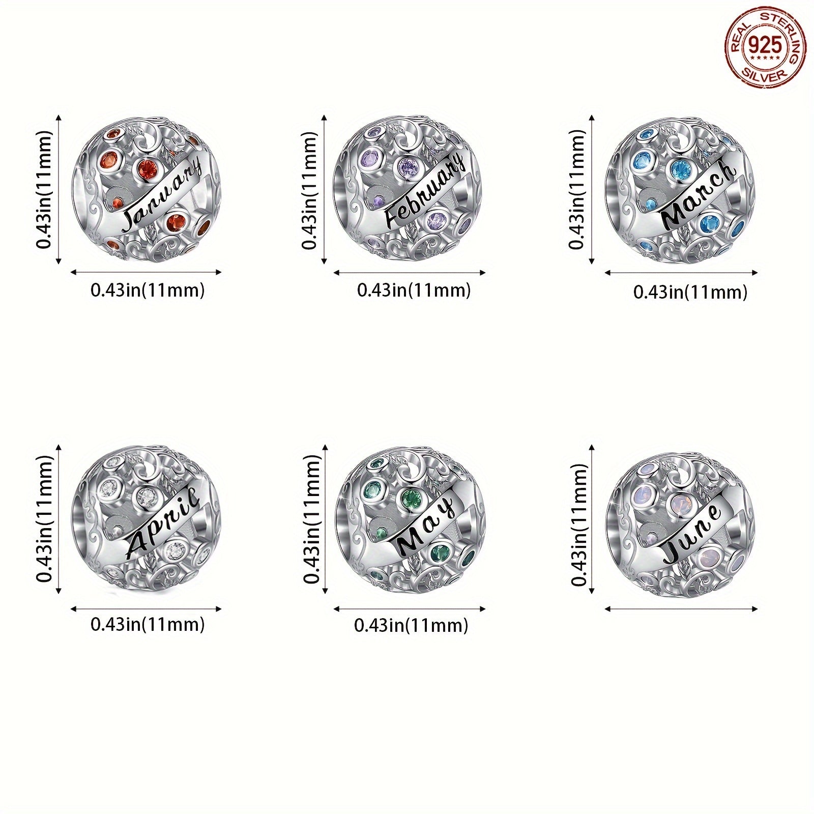 Sterling Silver Twelve Months Series Round Charm Beads for Bracelets and Necklaces