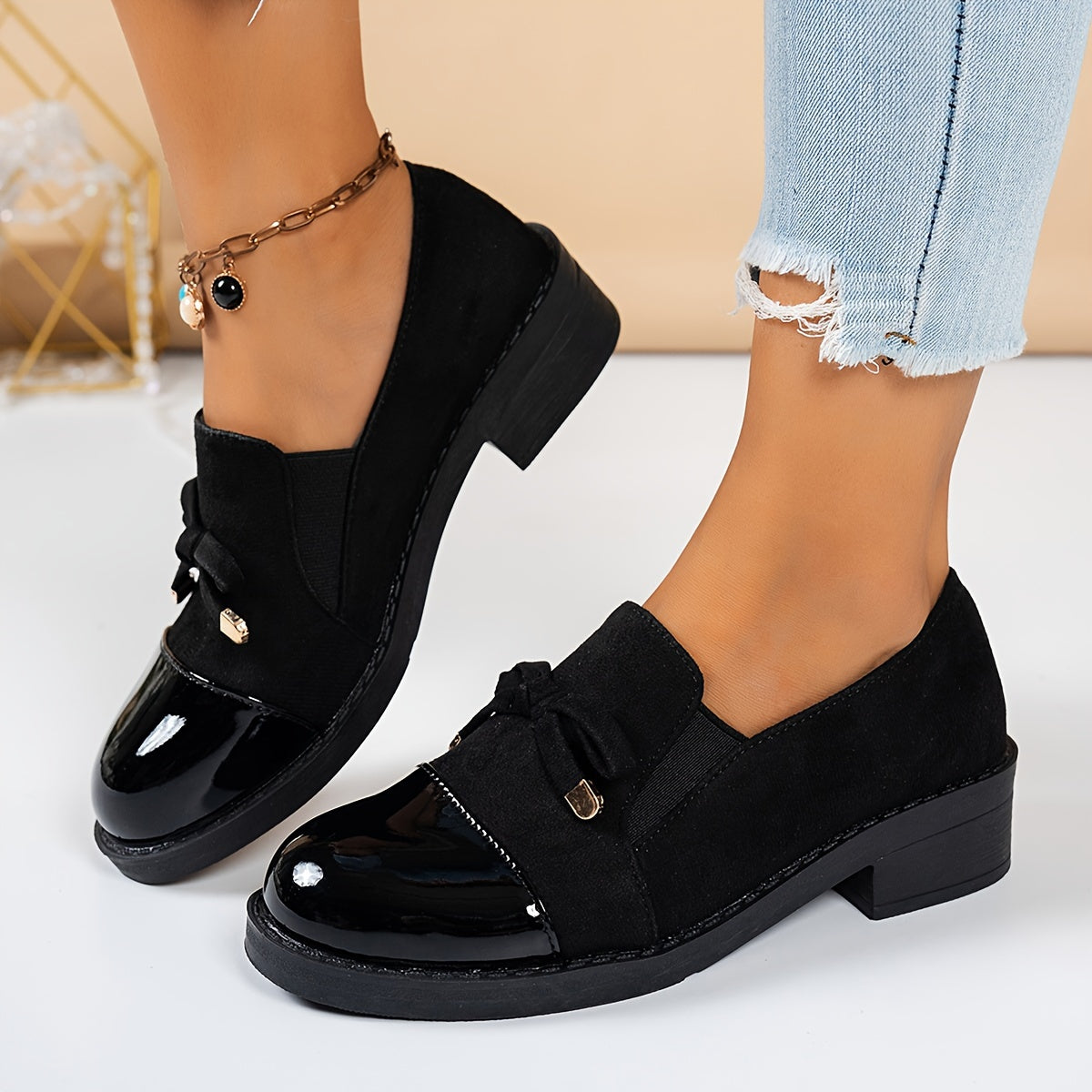 Women's Casual Leather Ballet Flats with Bow and Heel