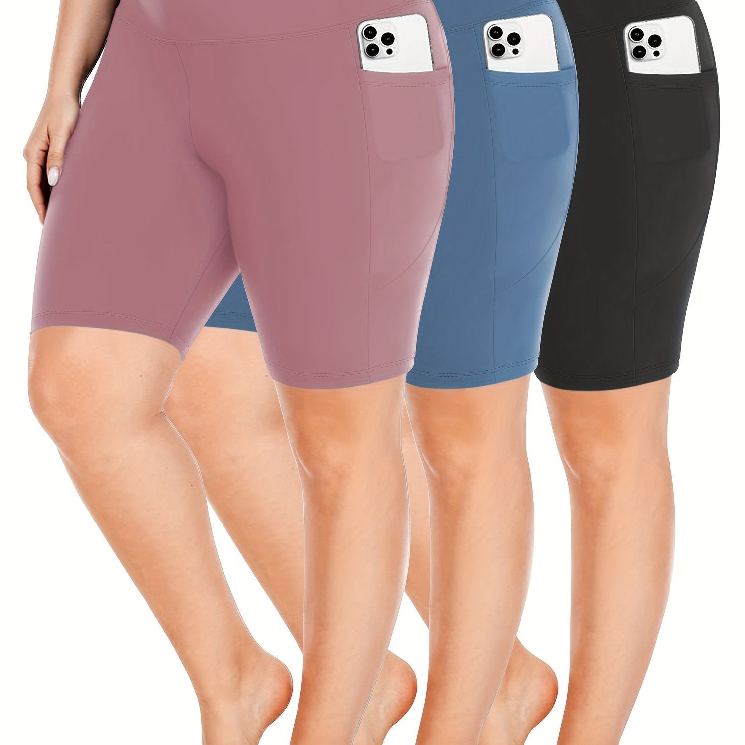 Ayollar uchun yoga shortlari polyester elastan, to'liq qora, 3-to'plam, elastik, shaffofsiz bo'lmagan