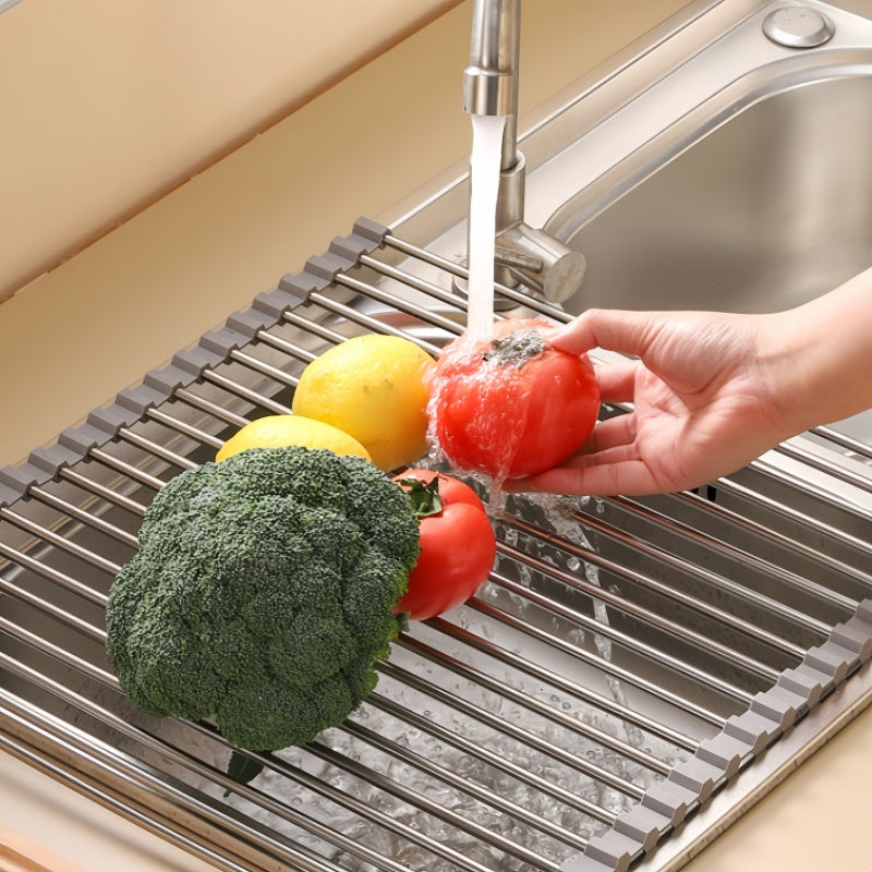 Estante enrollable para secar platos 43cm x 30cm Acero inoxidable escurridor sobre el fregadero plegable versátil