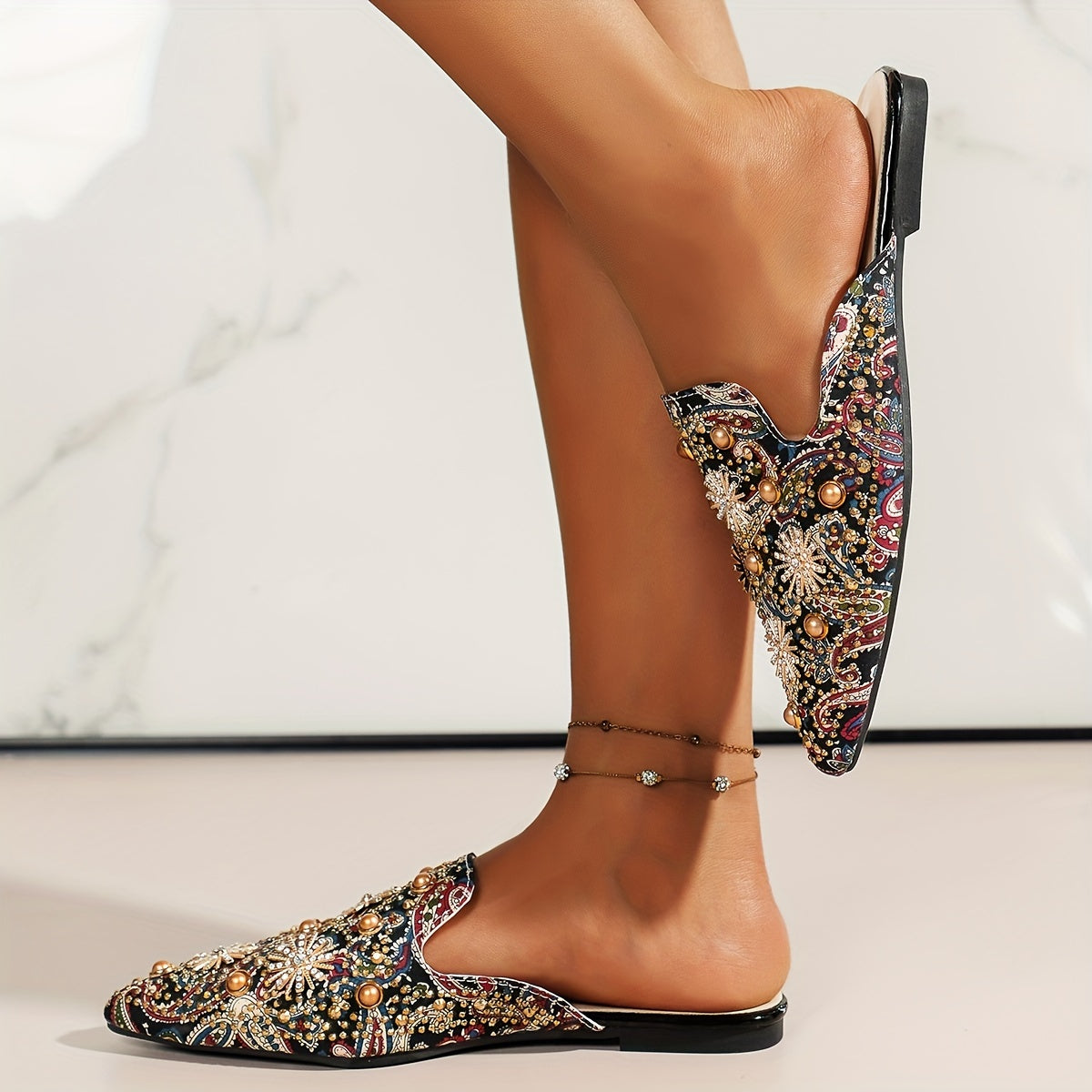 Women's Slide Sandals Pointed Toe Star Pattern Flat Slip-On Summer Fabric