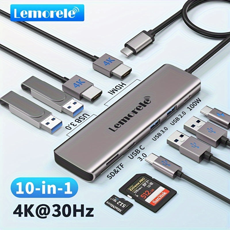 10-in-1 USB-C Hub with 4K HDMI 100W Power Delivery Dual USB 3.0 SD TF Card Reader for Laptops