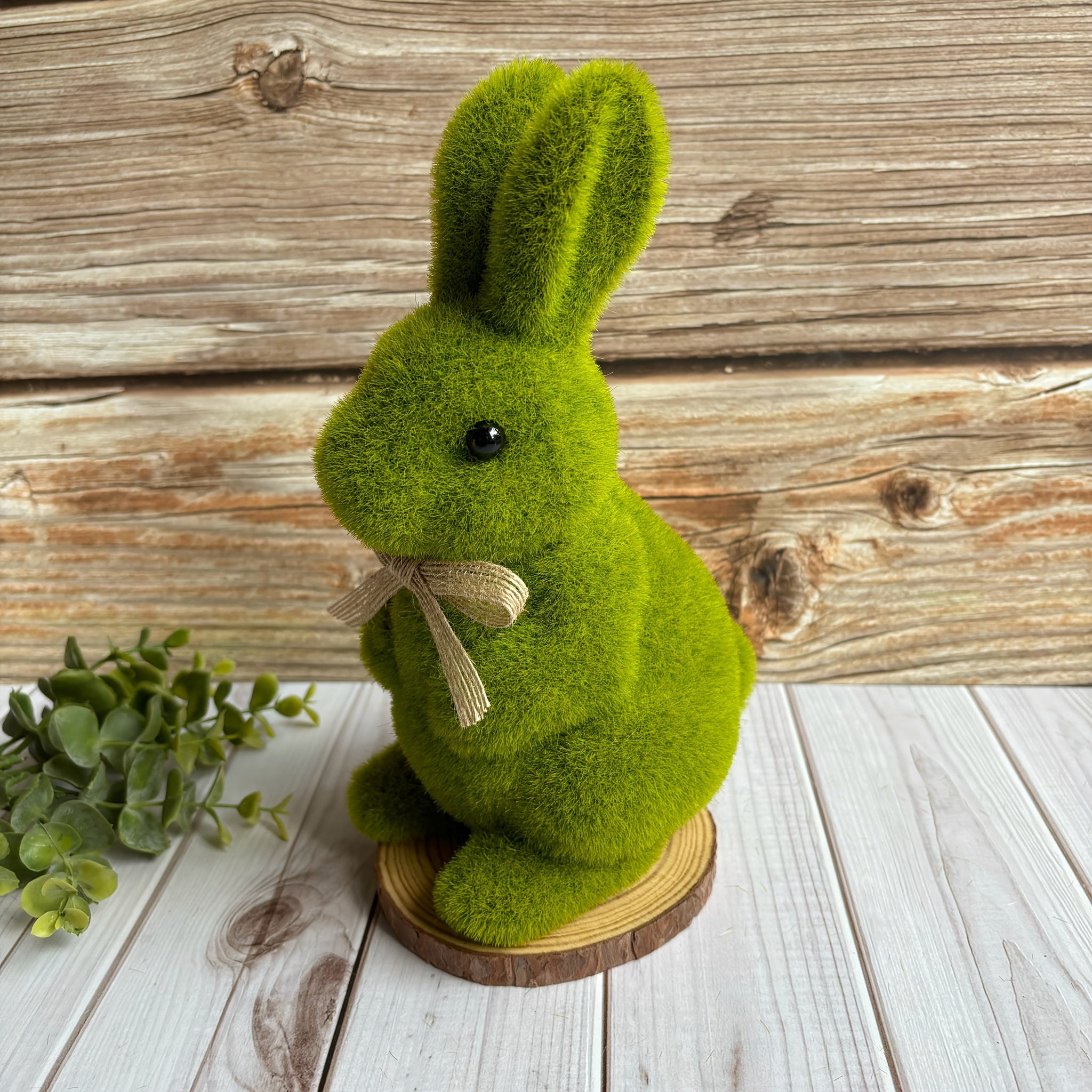 Green Flocked Bunny Garden Statue 16.76cm Easter Spring Yard Decor Outdoor Plastic