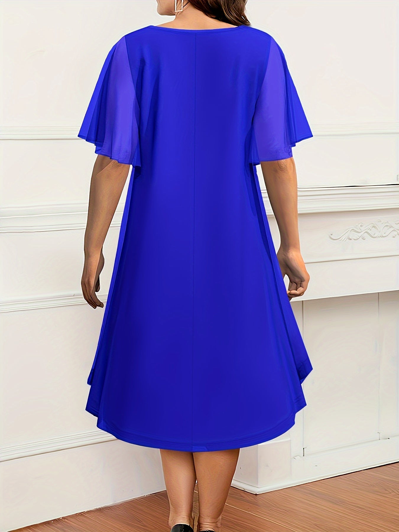 Red Chiffon Dress for Women with Round Neck Half Sleeves Flowy A-Line Keyhole Summer Spring Fall