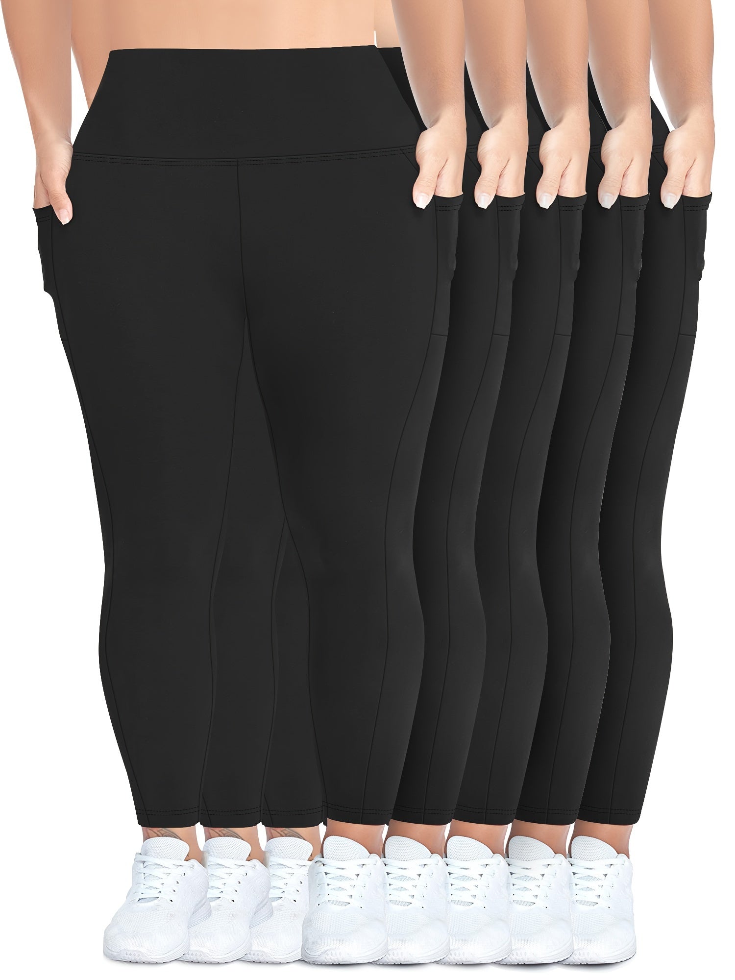 Women's High-Waisted Yoga Leggings 5-Pack with Pockets, Non-See-Through, Multi Colors
