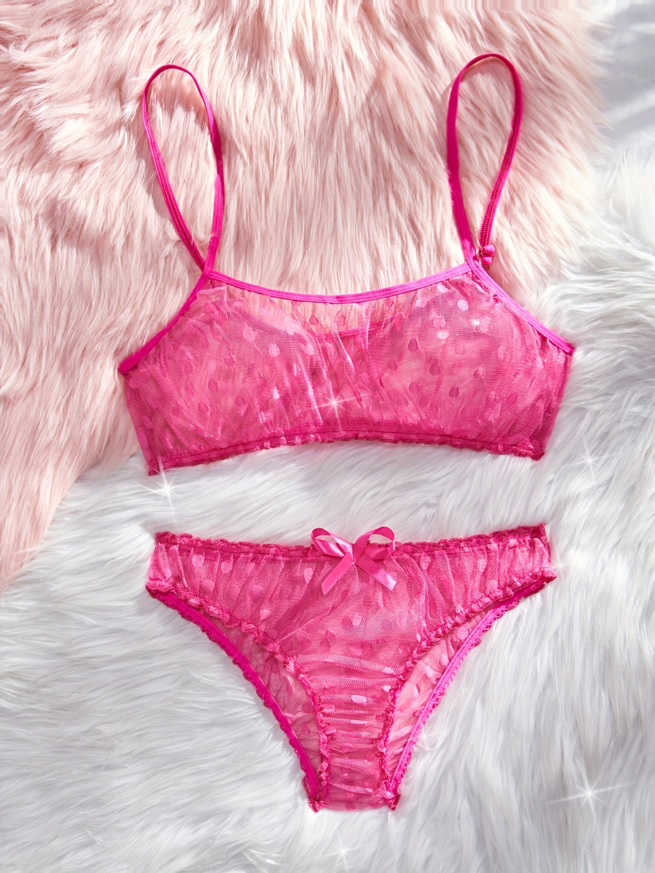 Polka Dot Mesh Lingerie Set with See-Through Unlined Bra and Bow Tie Thong Women’s Sexy Underwear