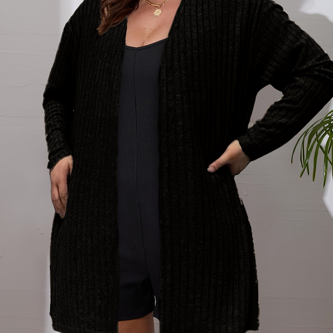 Plus Size Women's Knit Cardigan Long Sleeve Open Front Black Casual Coat