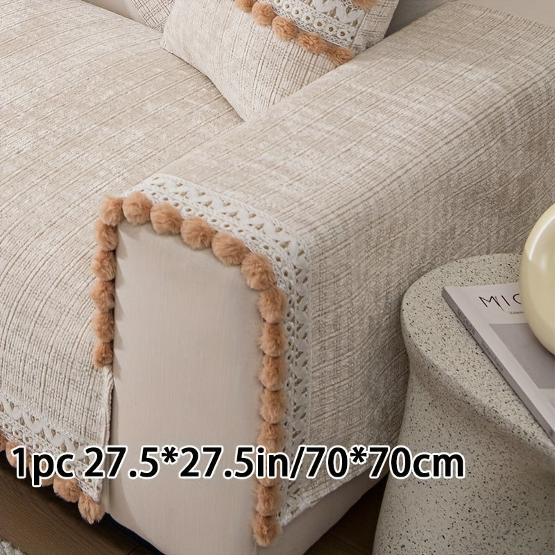 Зеленый чехол для дивана из шенилла с помпонами - водонепроницаемый и дружелюбный к домашним животным, подходит для всех размеров диванов (на 1-4 человека) - легкий в уходе, можно стирать в машине, с кисточками, идеален для любого декора комнаты