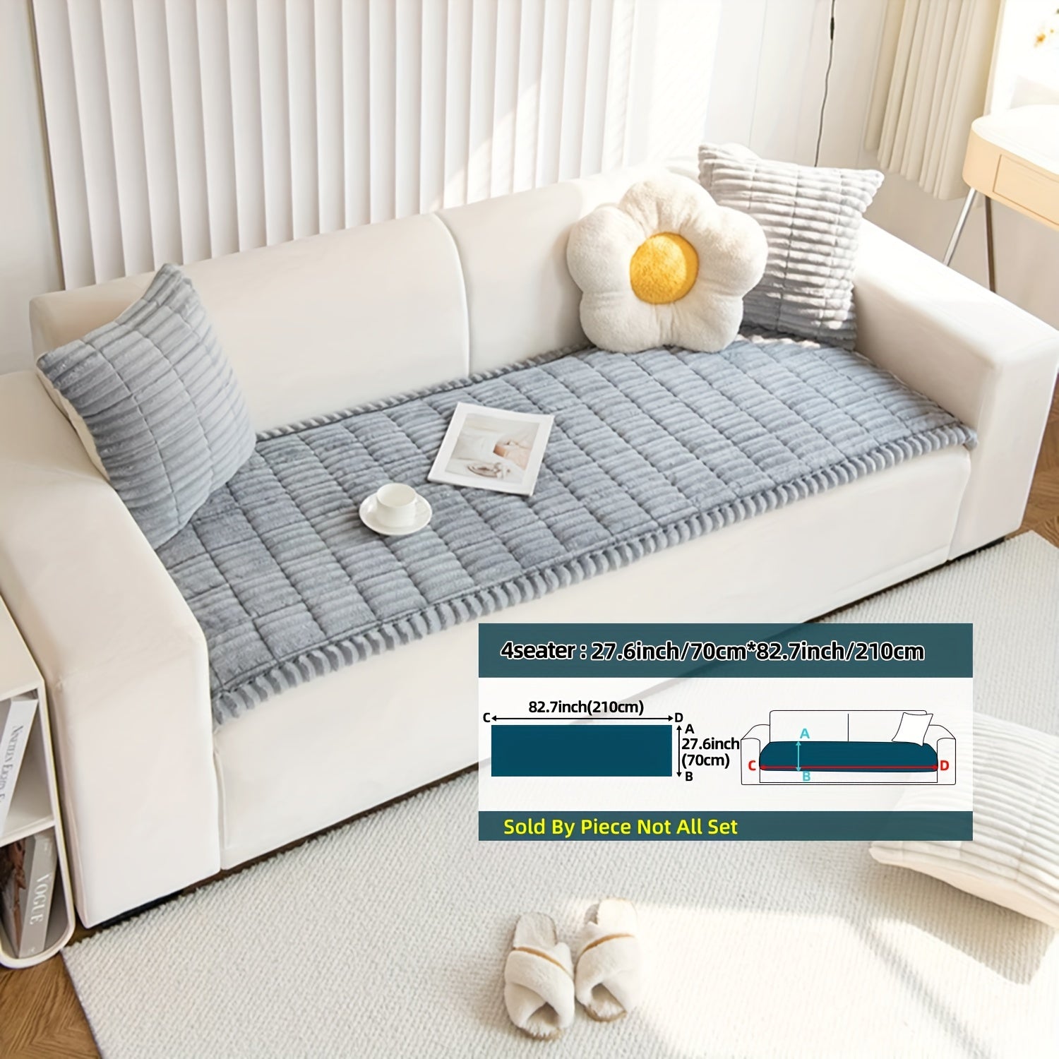 Boho Style Quilted Short Plush Sofa Cover with Ruffle Design Non-Slip Pet Friendly Machine Washable