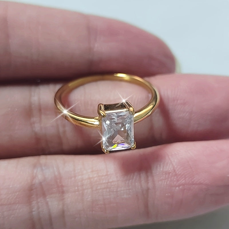 Gold Plated Titanium Steel Ring with Square Cut Zirconia Solitaire
