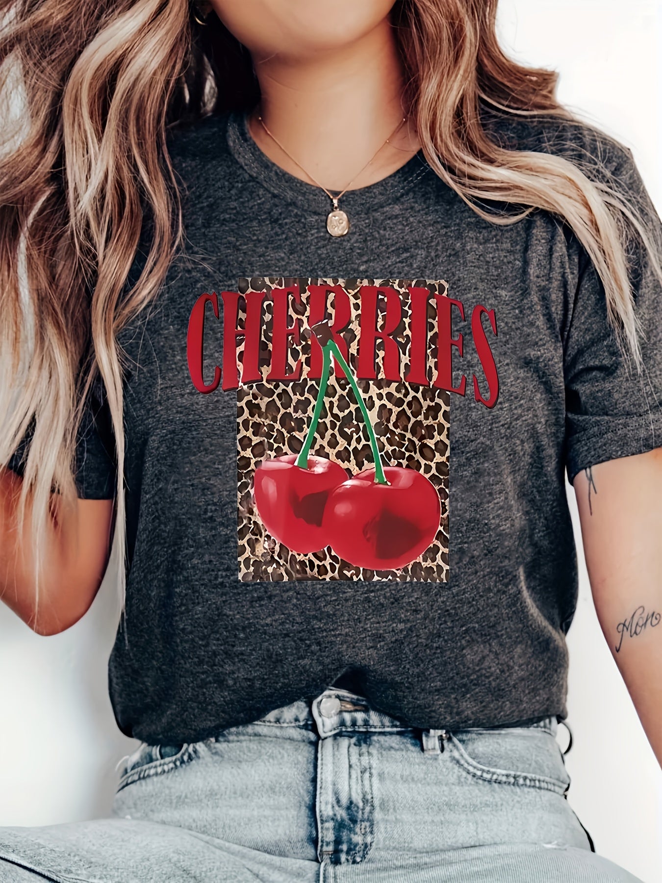 Women's Leopard Print Cherry Letter T-Shirt Grey Short Sleeve Casual Plus Size