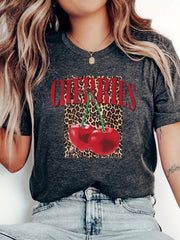 Women's Leopard Print Cherry Letter T-Shirt Grey Short Sleeve Casual Plus Size