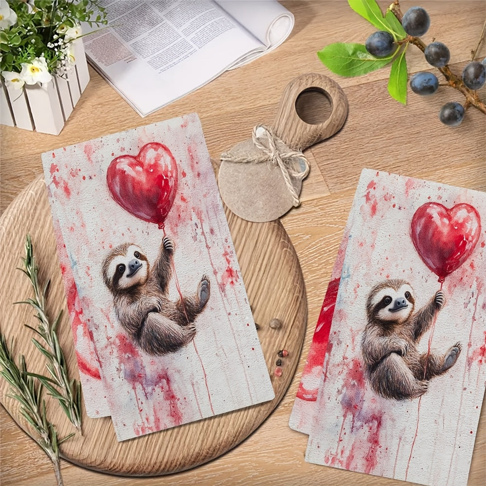 Set of 2 Ultra-Soft Absorbent Kitchen Towels Valentine’s Day Sloth Design 40x60 cm