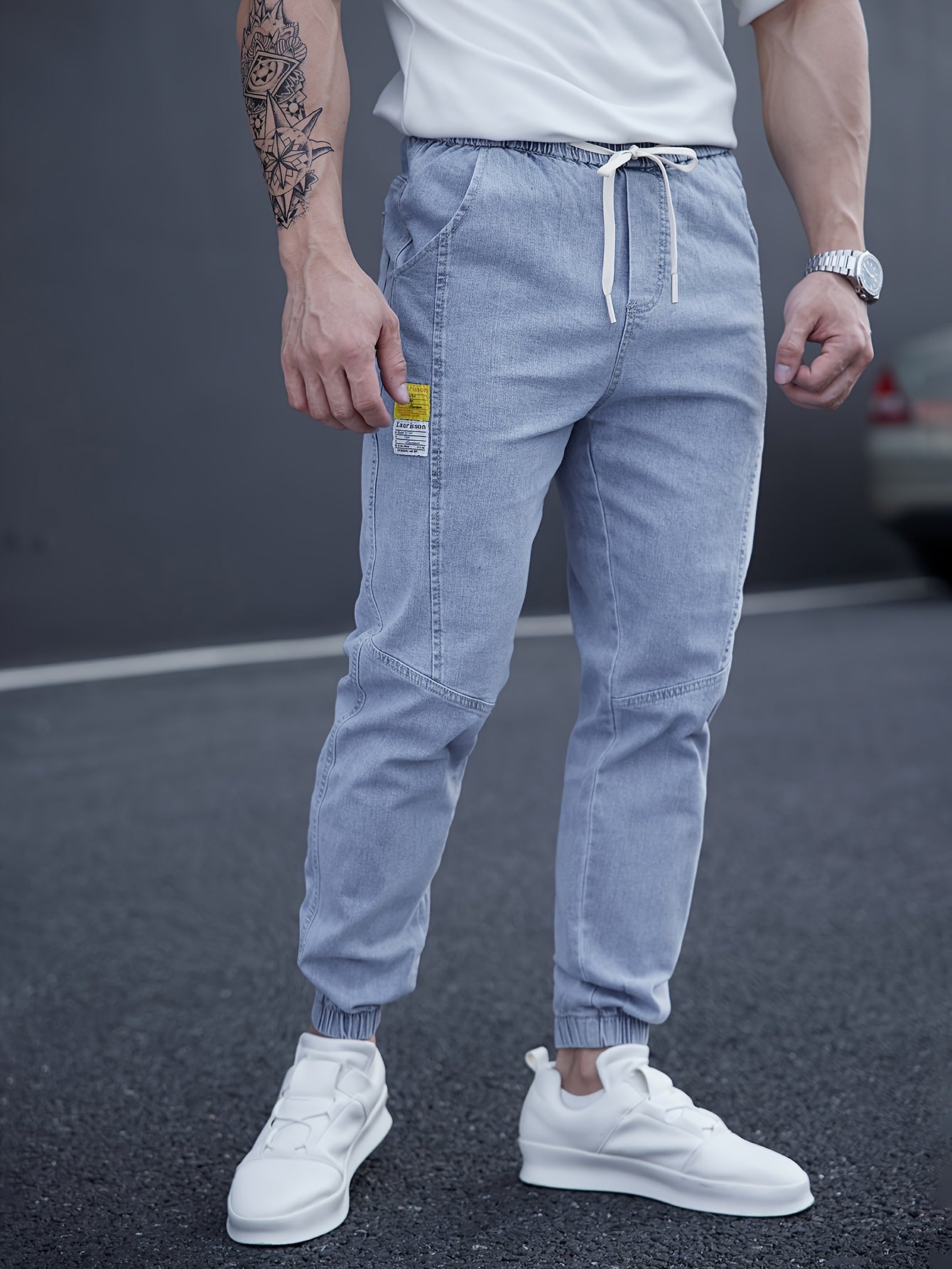 Men's Cropped Denim Tapered Jeans with Waist Drawstring Solid Color Regular Fit