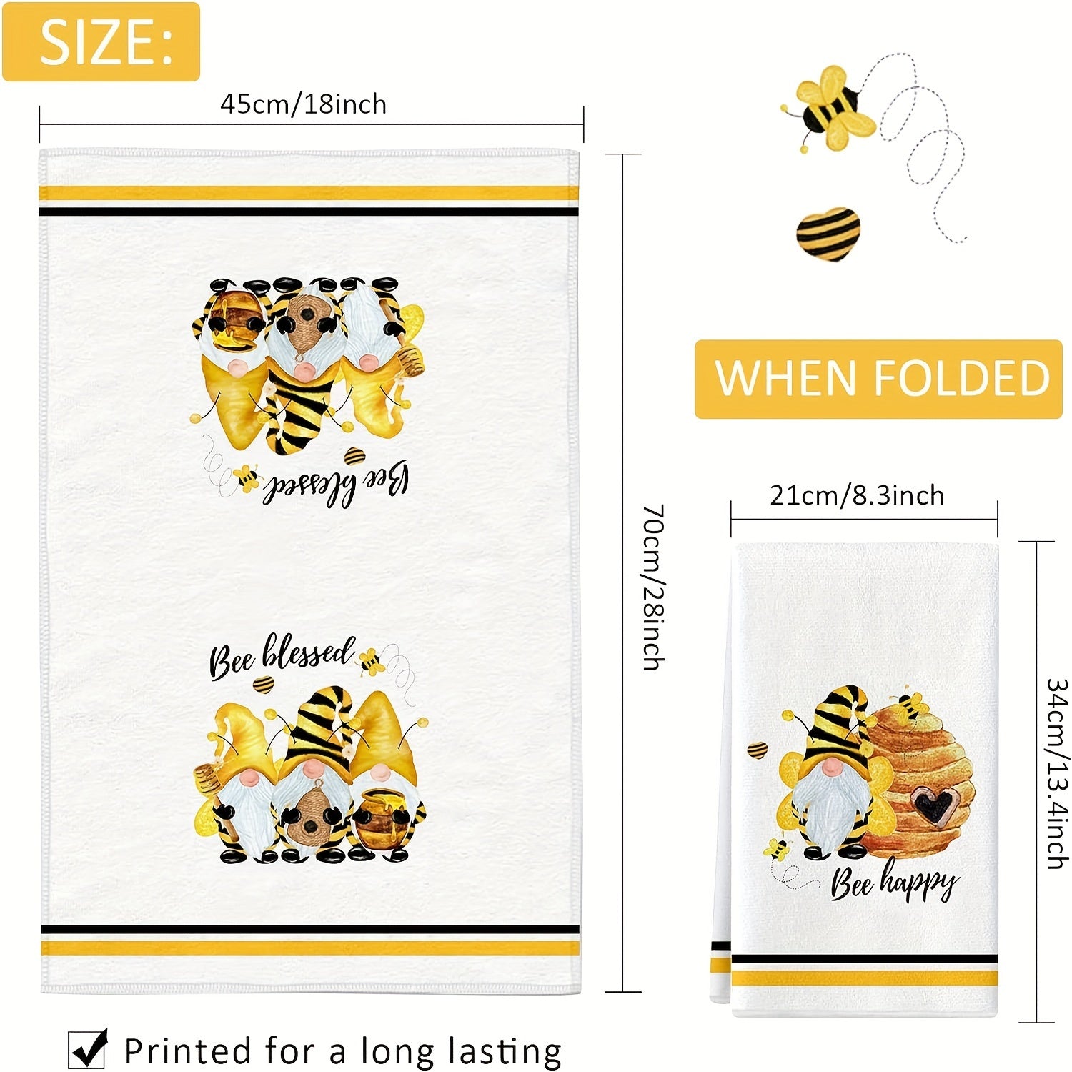 Set of 2 Gnome Bee Pattern Kitchen Towels Absorbent Soft Quick-Drying Housewarming Gift