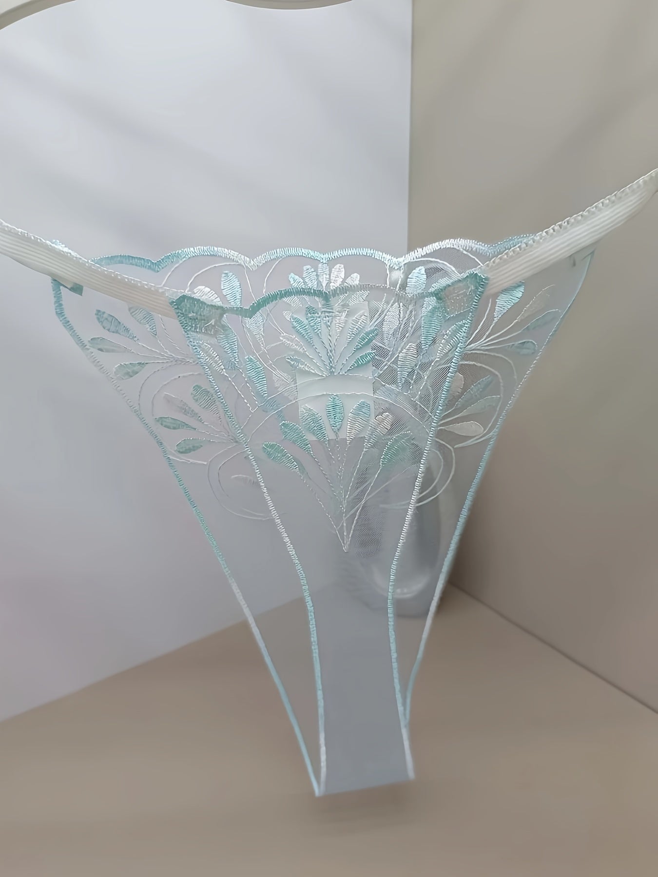 Women’s Blue Transparent Thong Panties with Net Embroidery and Pattern Design