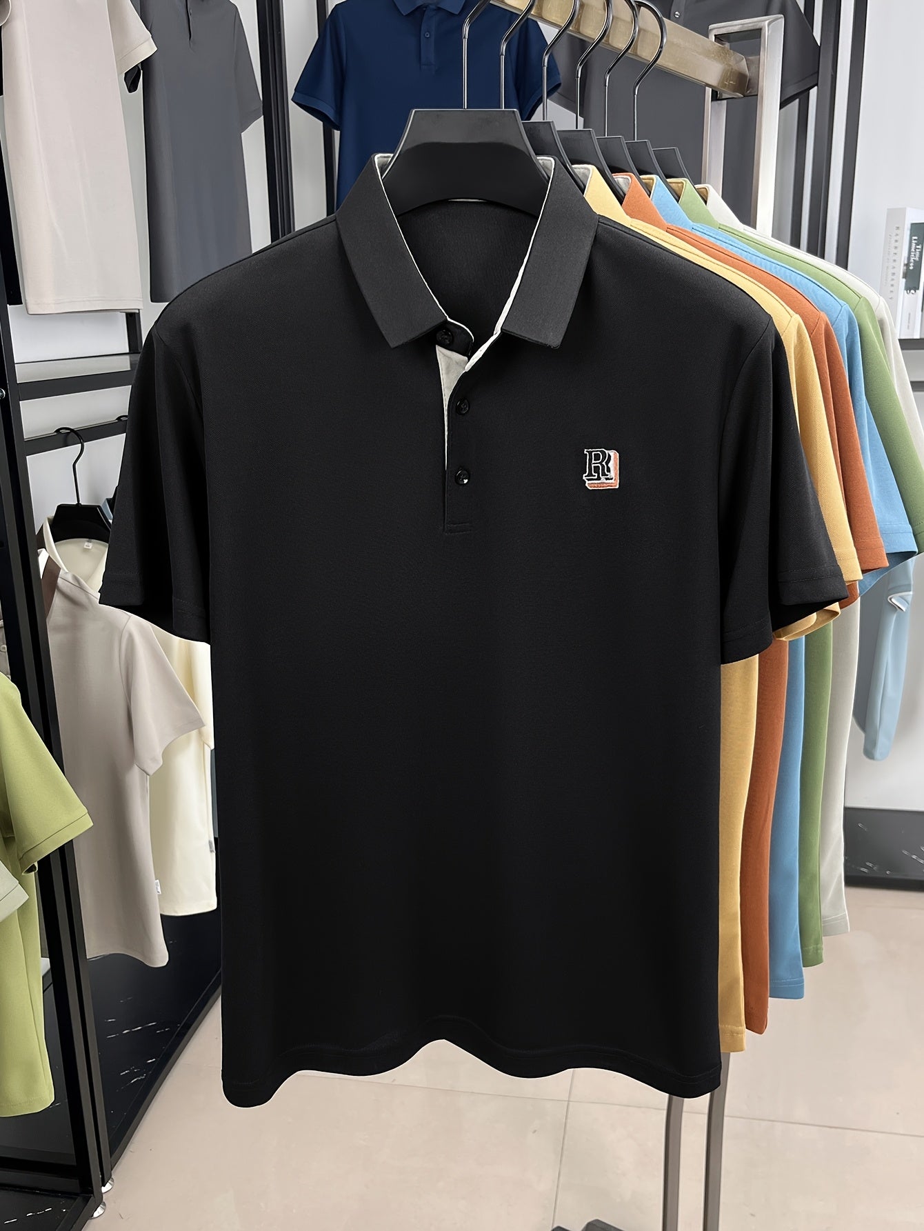 Men's Summer Casual Knitted Shirt Short Sleeve Embroidered Lettering Solid Color Breathable Fabric