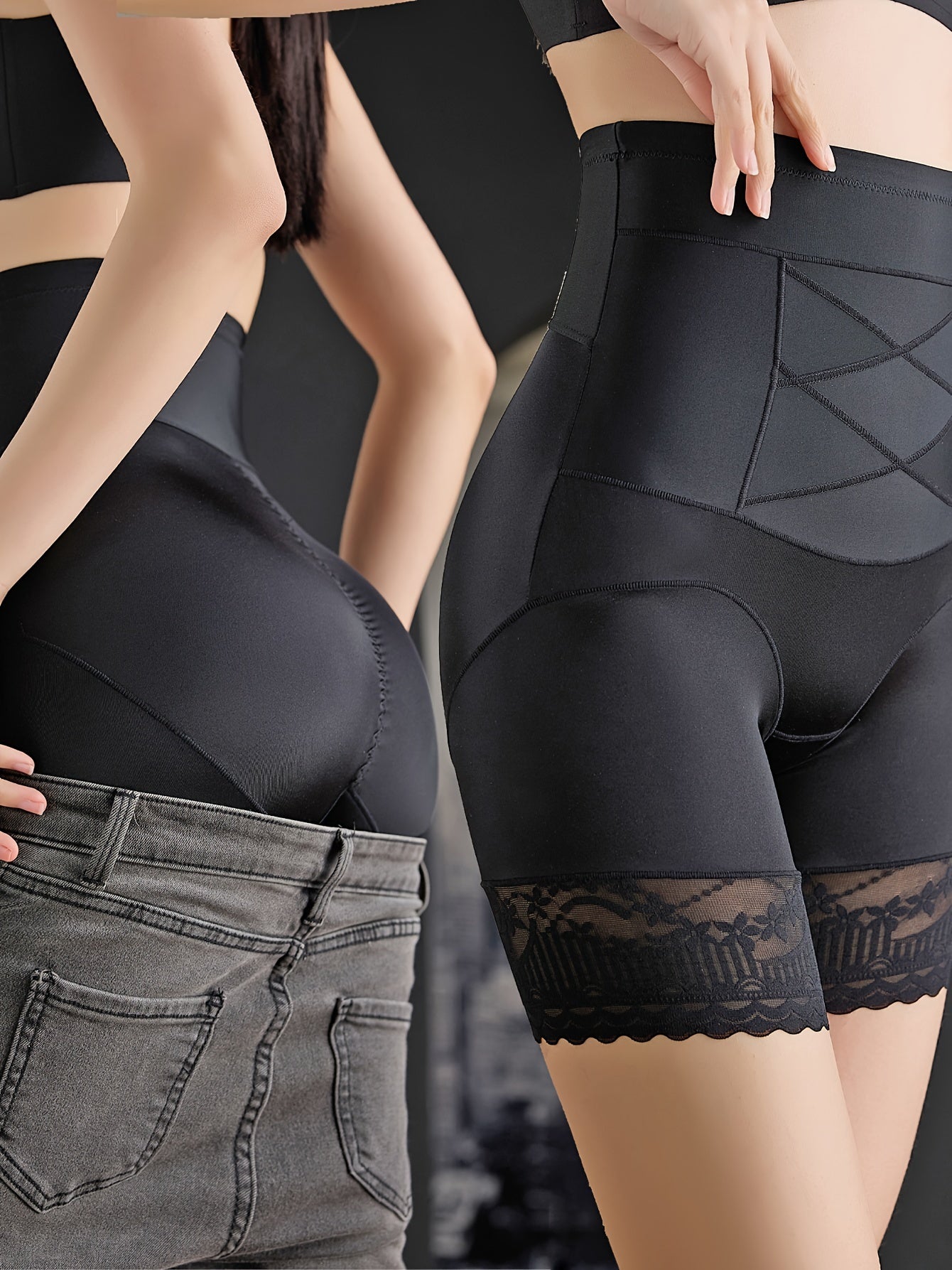 High-Waisted Tummy Control Thigh Slimmer with Lace Detail Polyamide Shapewear