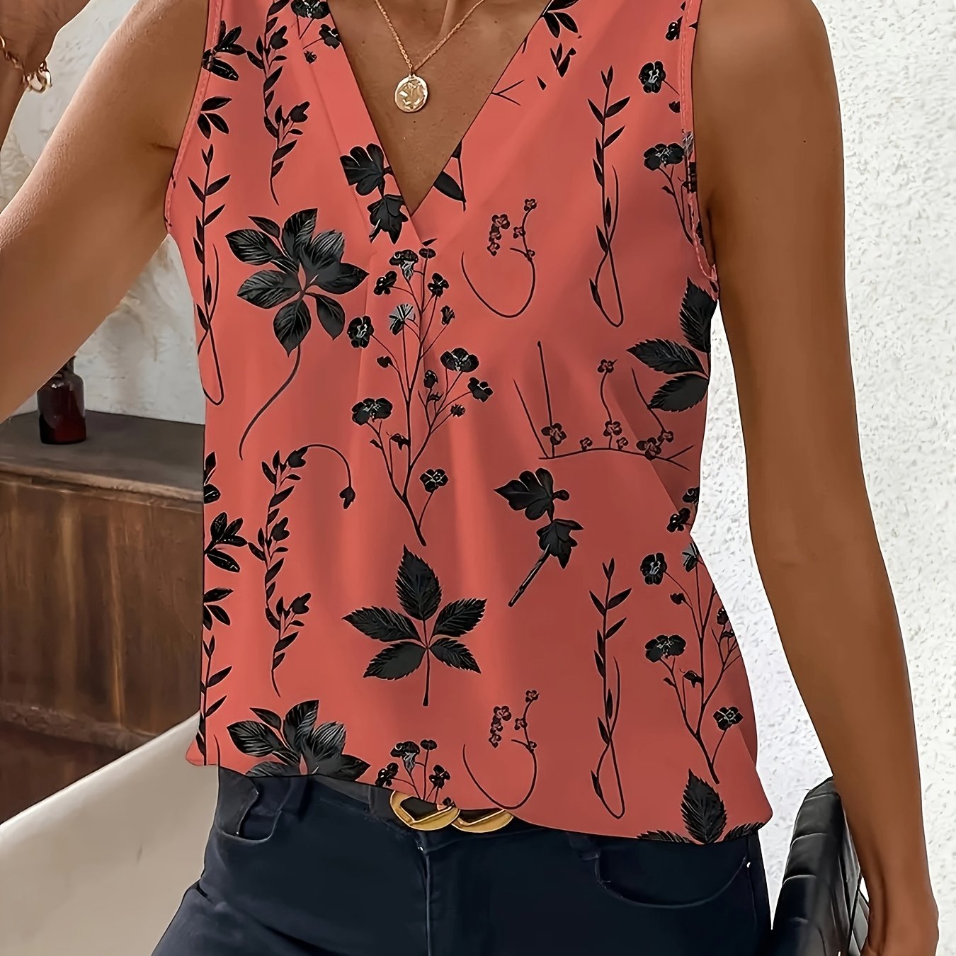 Women’s Floral Print Sleeveless V-Neck Tank Top Polyester Black Beige Casual Formal