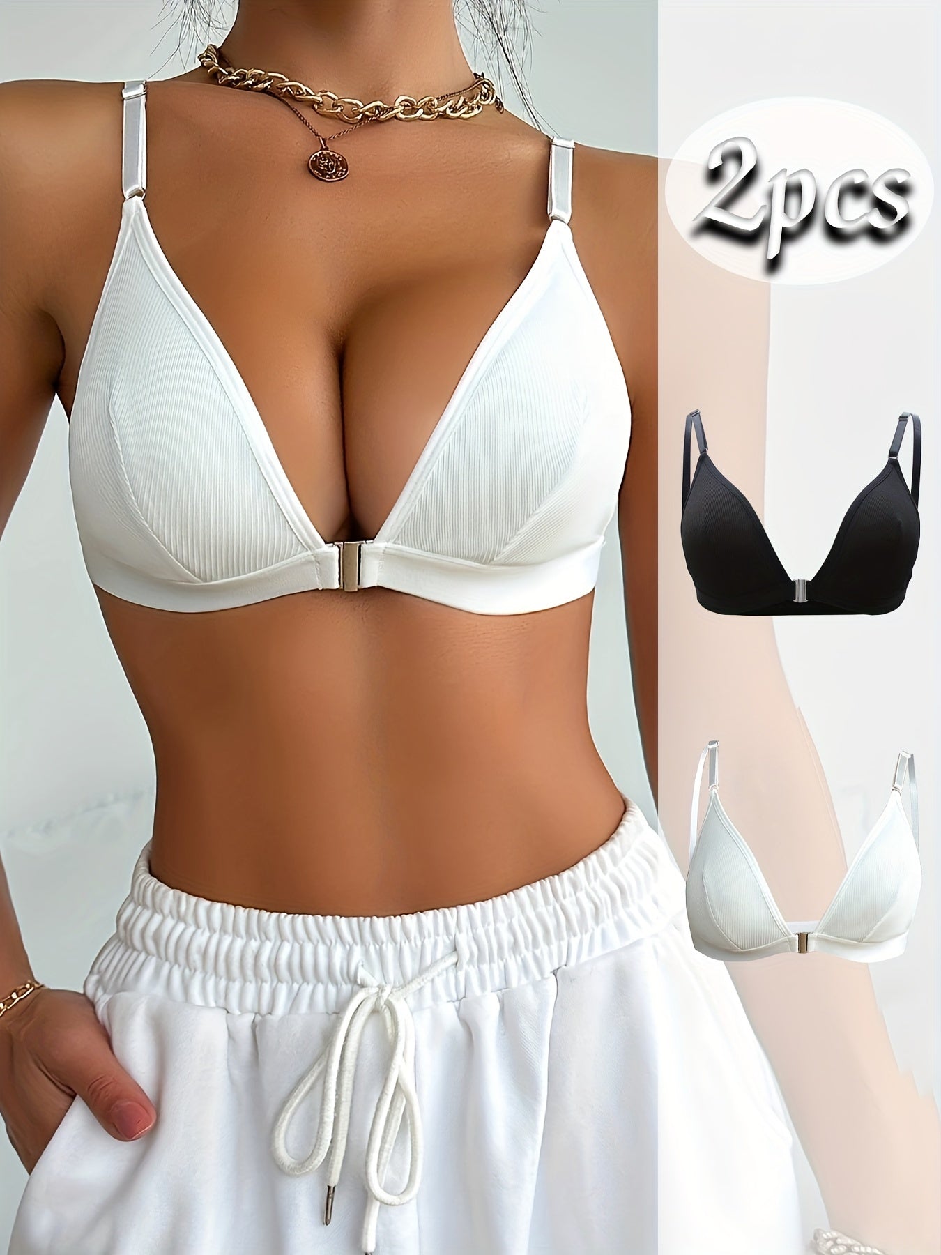 2-Pack Women's Push Up Bras Wireless Solid Color Knit Fabric Black White
