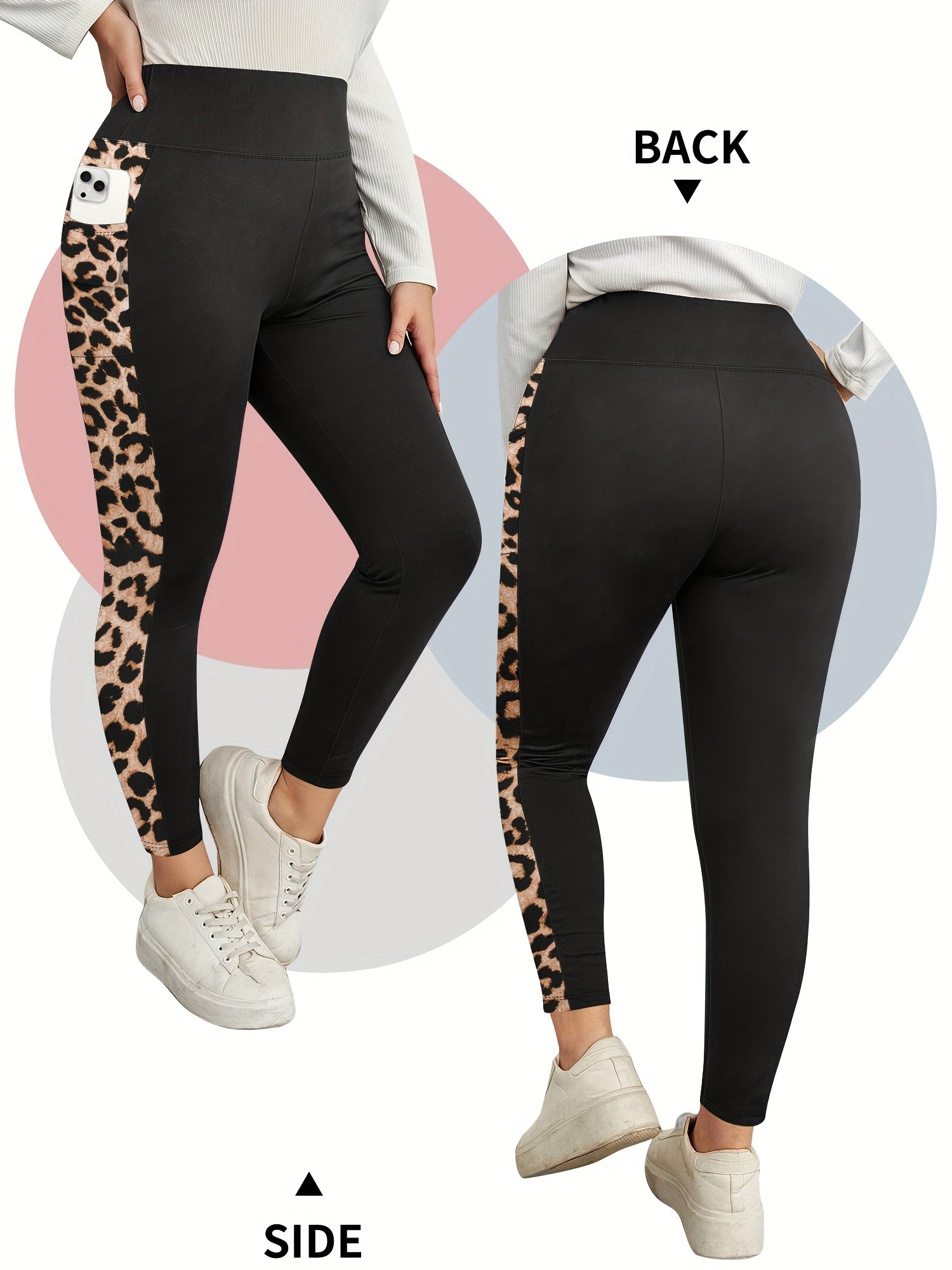 Leggings de mujer de talla grande con cintura alta y estampado de leopardo con bolsillos azul negro