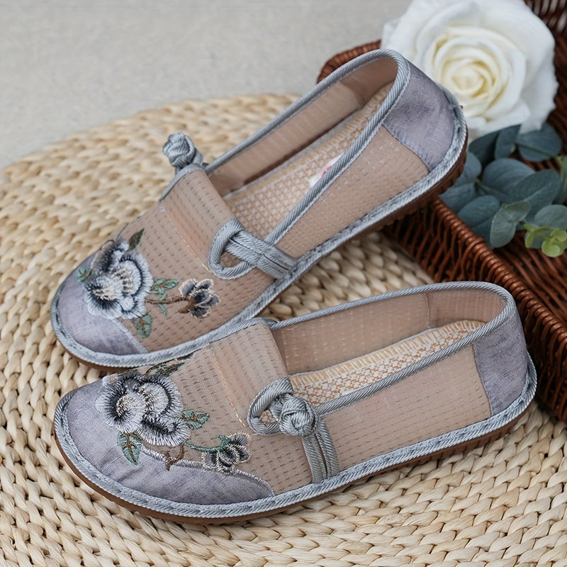 Women's Flat Shoes with Flower Pattern Ethnic Style Breathable Mesh Slip-On Casual Summer