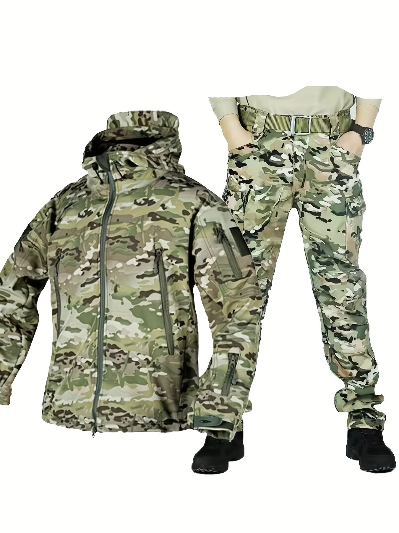 Men's Camouflage Fleece Jacket and Work Pants Set for Outdoor Hiking and Casual Wear