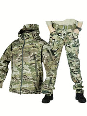 Men's Camouflage Fleece Jacket and Work Pants Set for Outdoor Hiking and Casual Wear