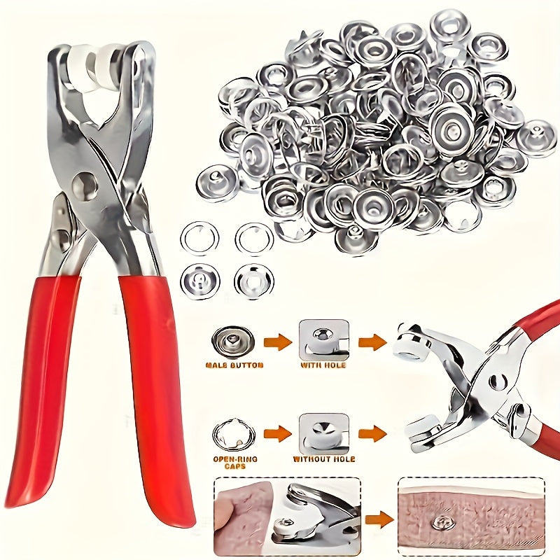 Set of 200 or 400 Silver Gray Press Buttons and Pliers for DIY Leather and Clothing Projects
