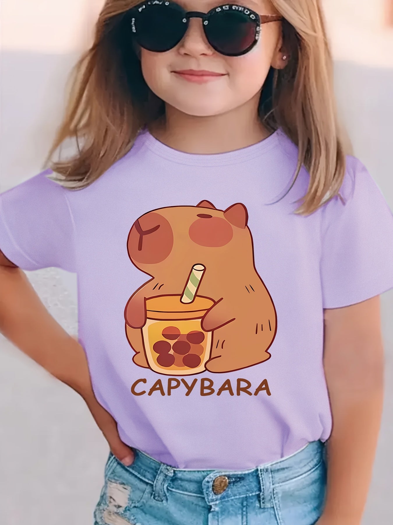 Girls' Knit Top with Capybara Drinking Milk Tea Pattern, Spring Summer Casual T-Shirt