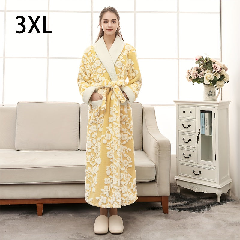 Unisex Thickened Long Bathrobe with Flower Pattern for Home and Bathroom Use