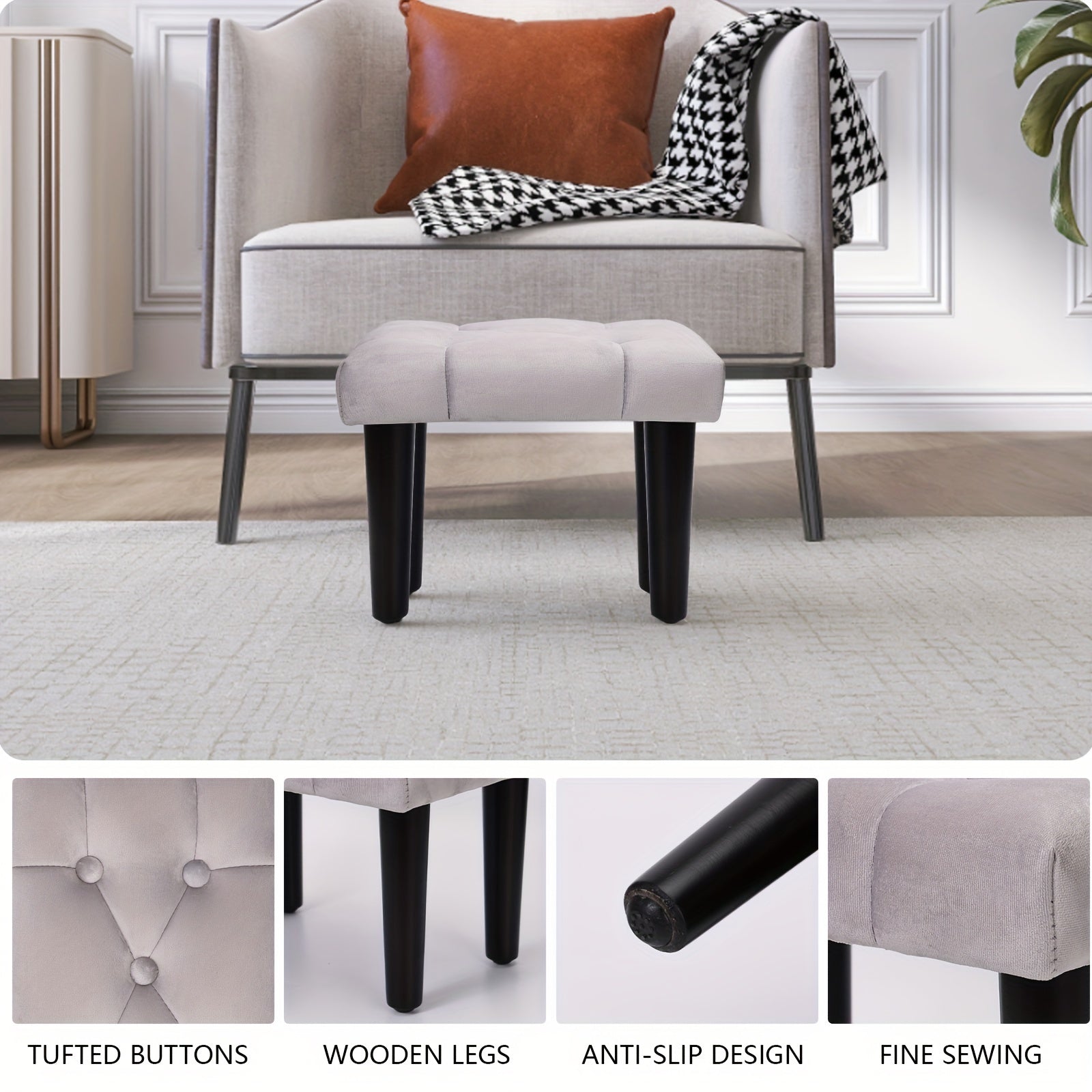 Small Velvet Footstool Ottoman with Wood Legs for Living Room Entryway Office