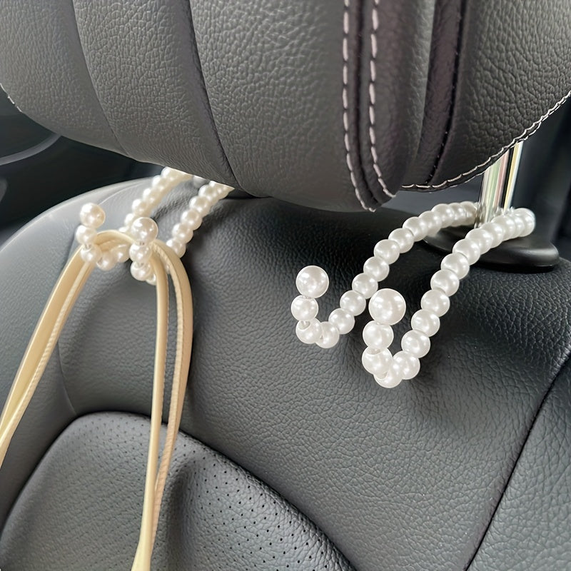 2pcs Stainless Steel Pearl-Embellished Car Seat Headrest Hooks Universal Fit Stylish Vehicle Organizer