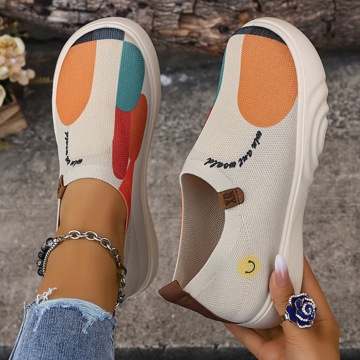 Women's Slip-On Sneakers with Colorful Block Heel Casual Shoes