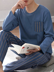 Men's Navy Blue Striped Pajama Set with Pockets Polyester Sleepwear