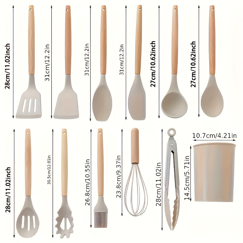 Set of 12 Silicone Kitchen Utensils and Cookware with Wooden Handles