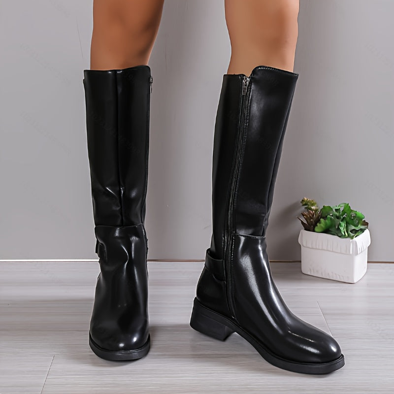 Women's Black Mid-Calf Boots Synthetic Chunky Heel Zipper Closure