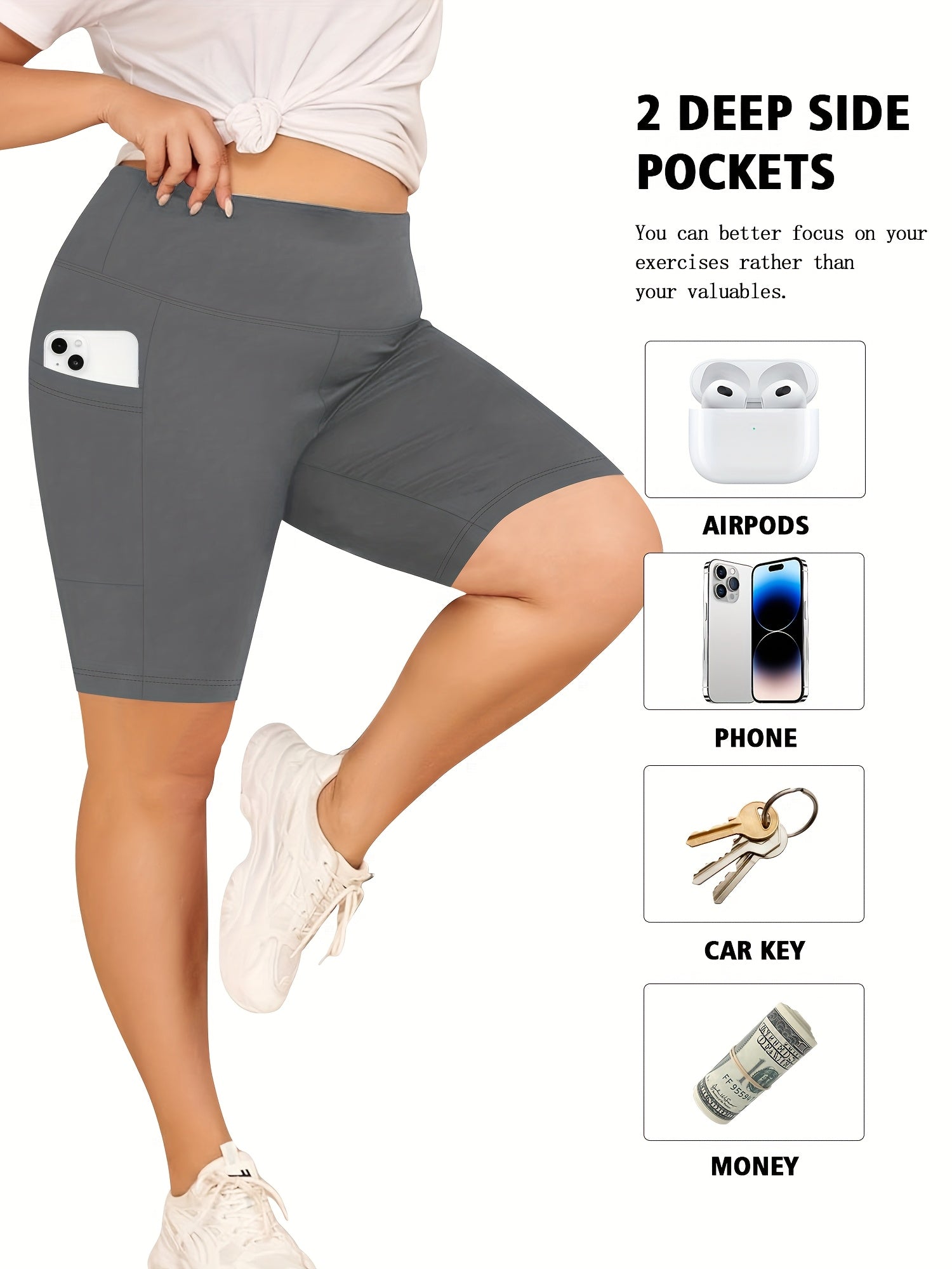 Plus Size Solid Skinny Shorts Casual Stretchy Side Pocket Leggings