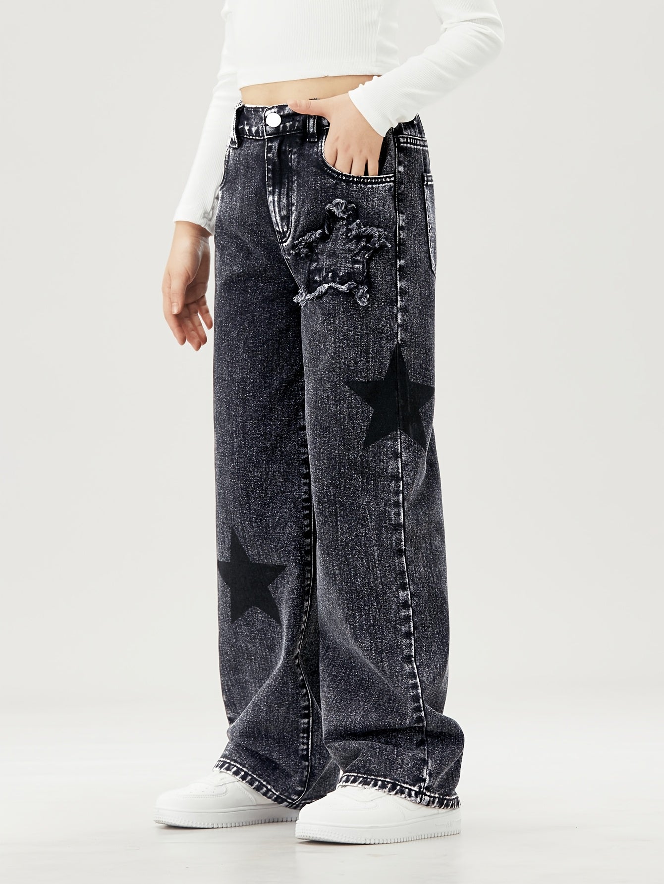 Kids' Wide-Leg Denim Jeans with Star Pattern Elastic Waist Non-Stretch Cotton