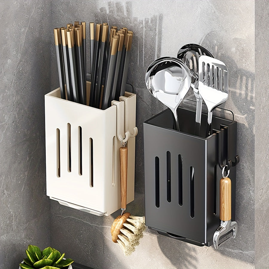 Wall-Mounted Plastic Utensil Holder with Drain Tray for Kitchen Storage