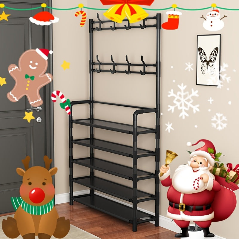 Elegant Metal Hall Tree with Coat and Shoe Rack Black White Multi-Purpose Organizer
