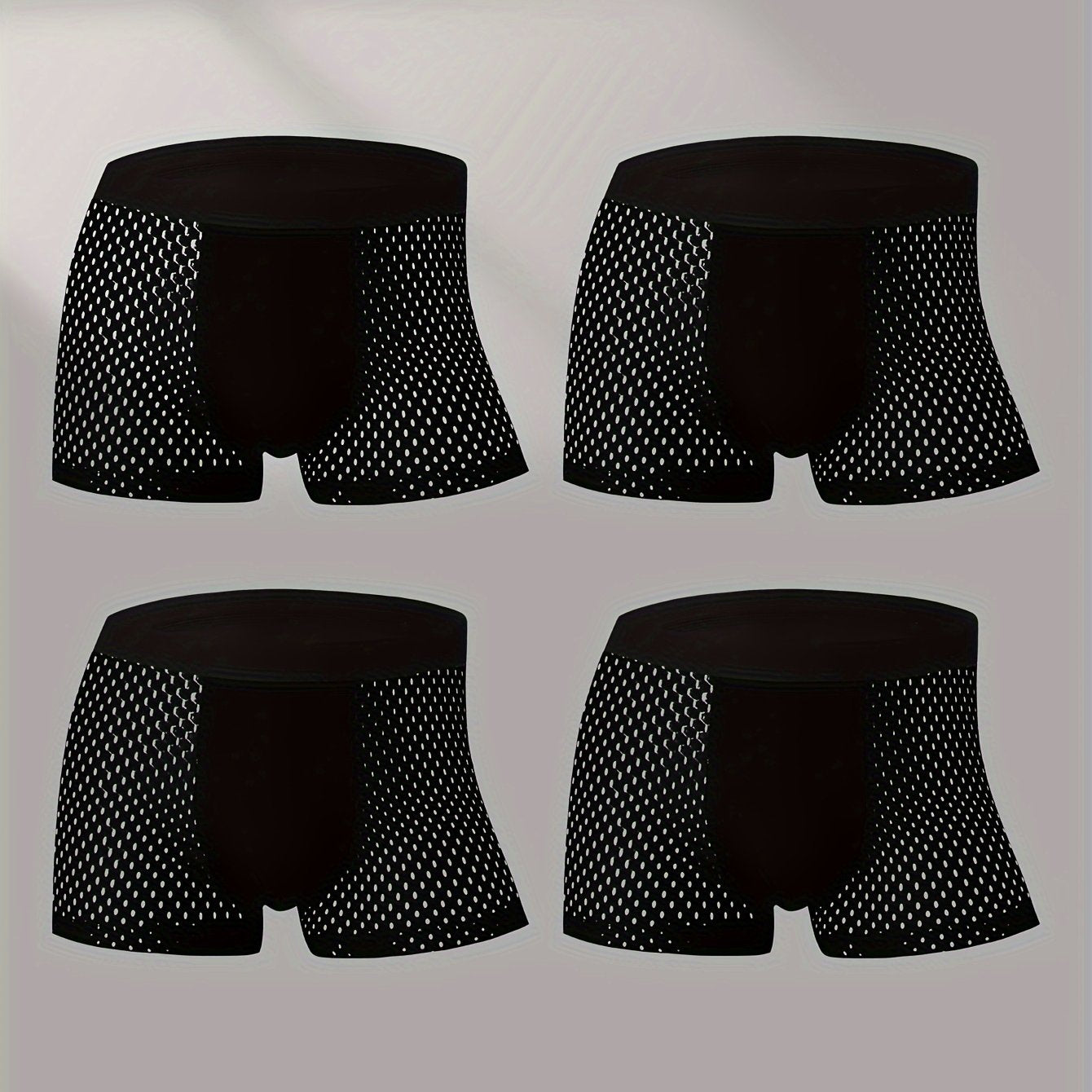 Set de 4 bóxers de malla transpirable para hombre, de color sólido semi-translúcido, con alto contenido de elastano en poliéster