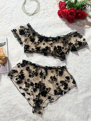 Women's Lace Satin Lingerie Set with Adjustable Straps and Floral Design