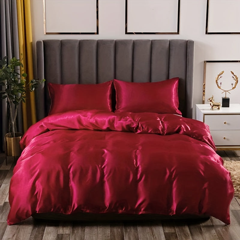 Satin Duvet Cover Set with Pillow Covers Solid Color Soft Comfortable Bedding for Bedroom Guestroom Hotel Dormitory