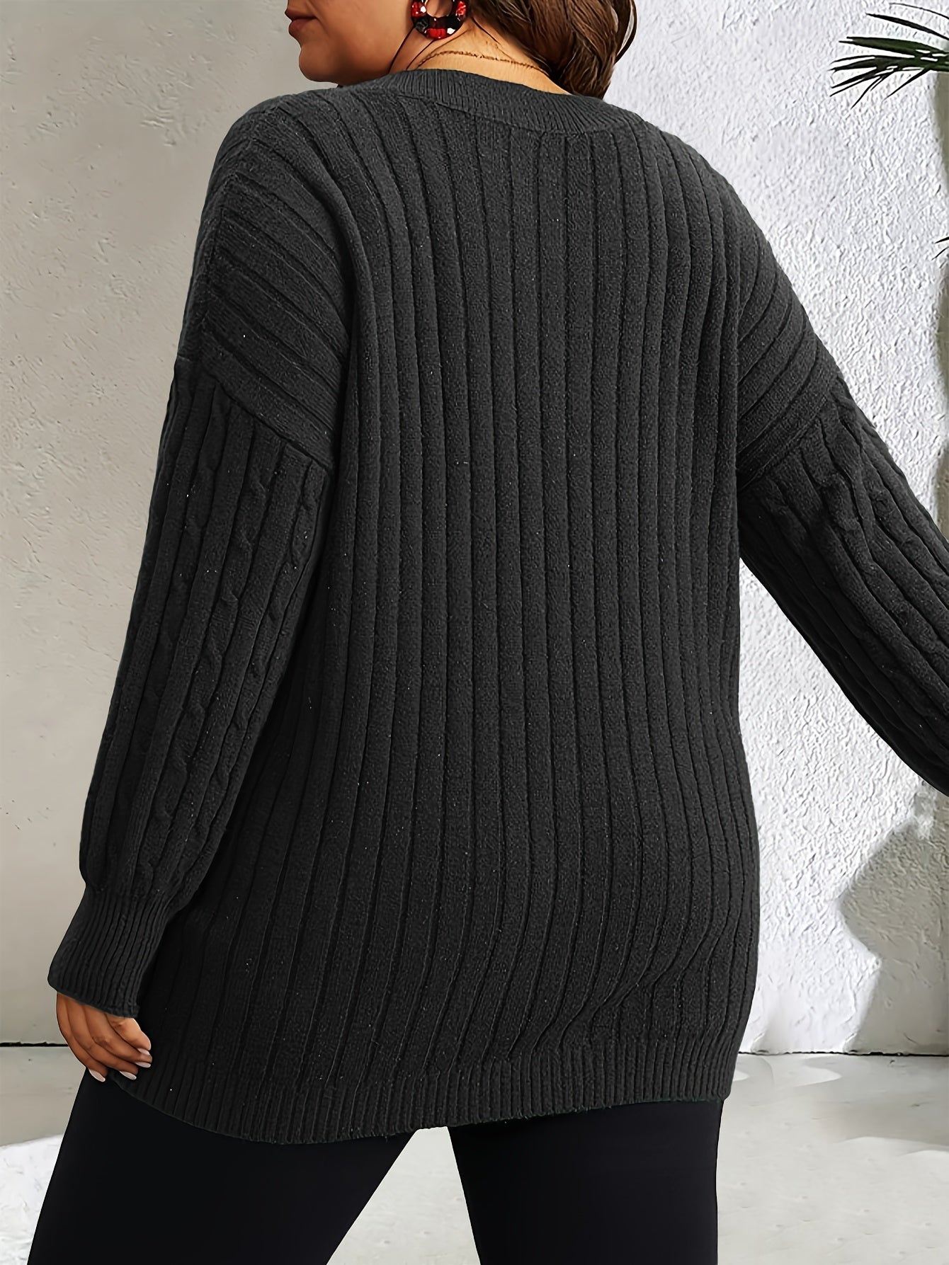 Plus Size Cable Knit Sweater V Neck Long Sleeve Fall Winter Women