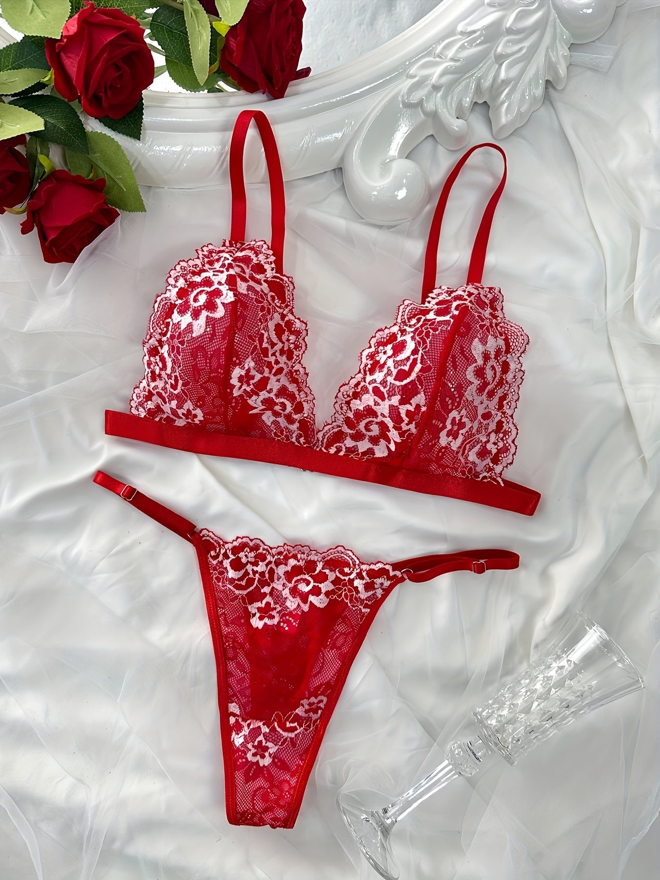 Women's Floral Lace Lingerie Set with Triangle Cups and Panties