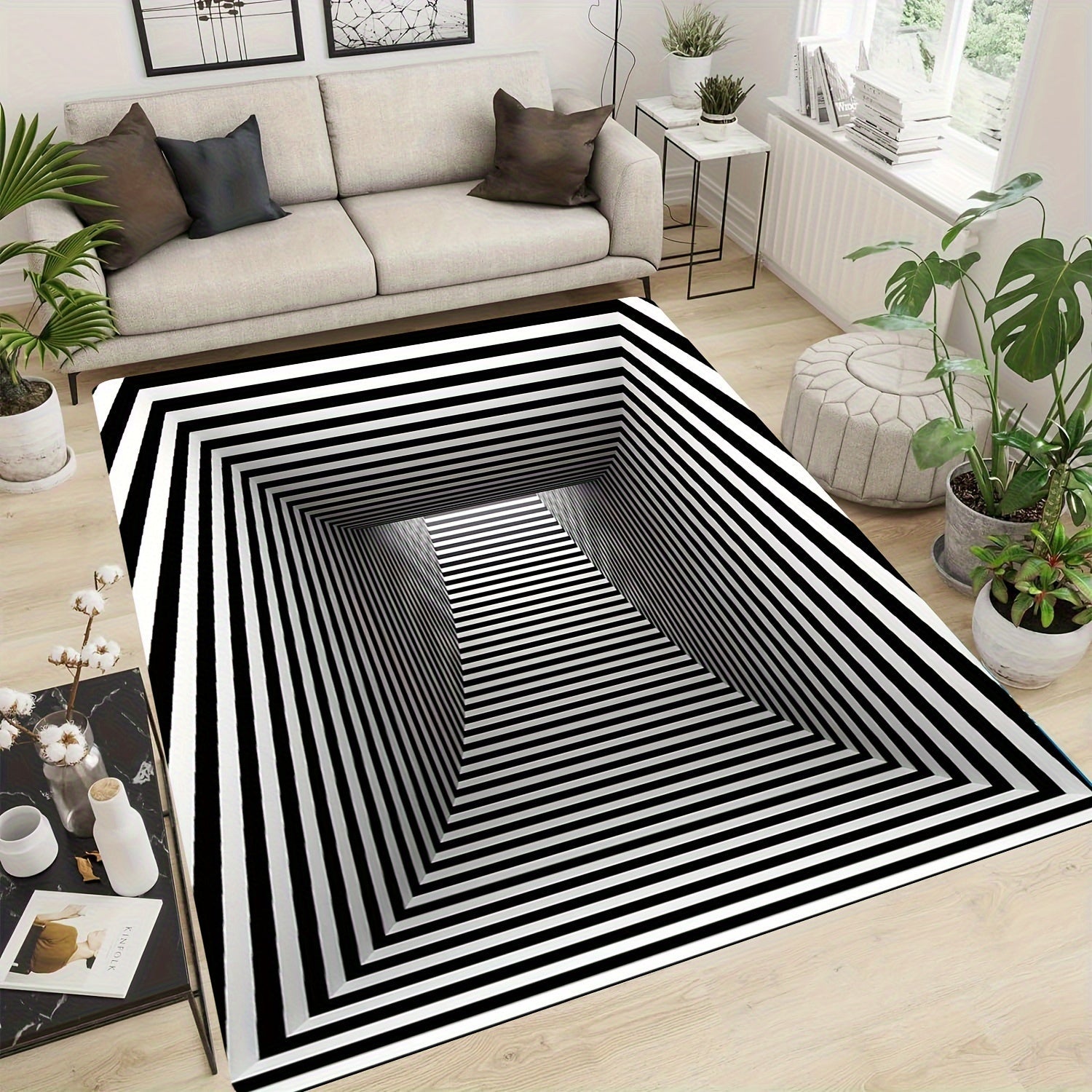 Alfombra de patrón rectangular con respaldo antideslizante, lavable a mano, ligera, de poliéster, sala de estar