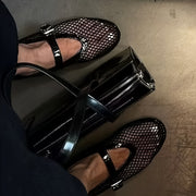 Women's Buckle Strap Flats Black White Mesh Casual Dress Shoe