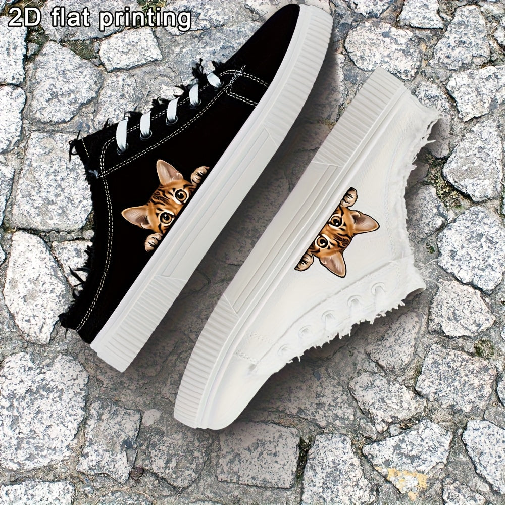 Women's Black and White Casual Sneakers with Cat Face Print Low Tops